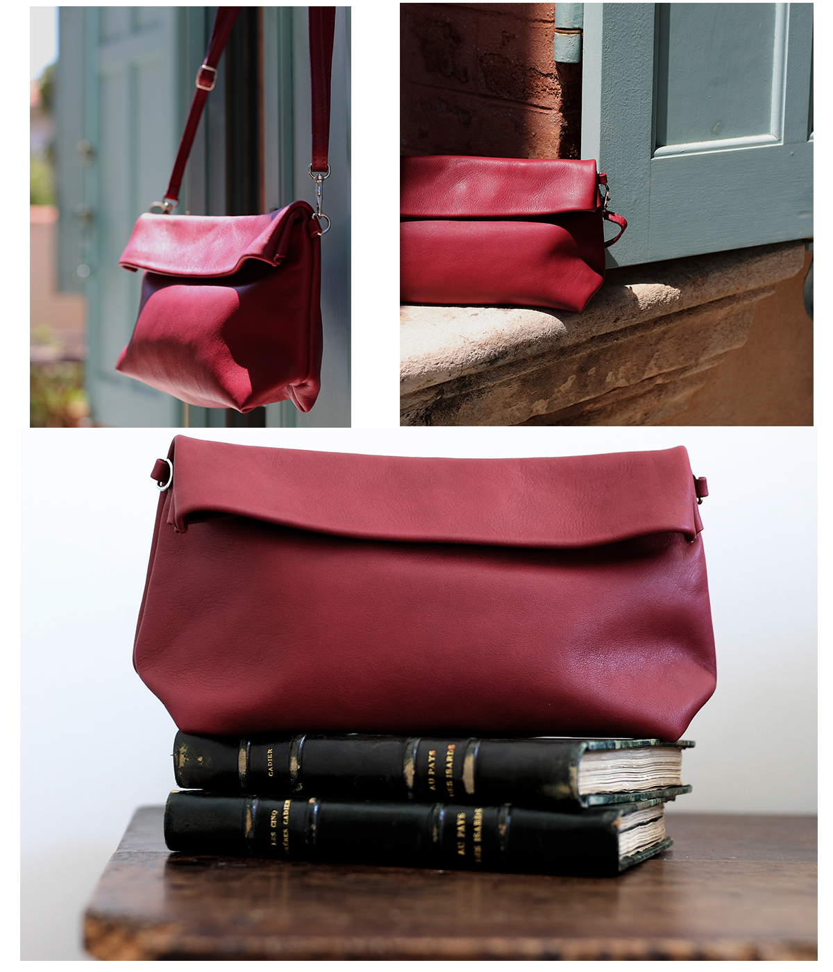 Pochette bordeaux en cuir
