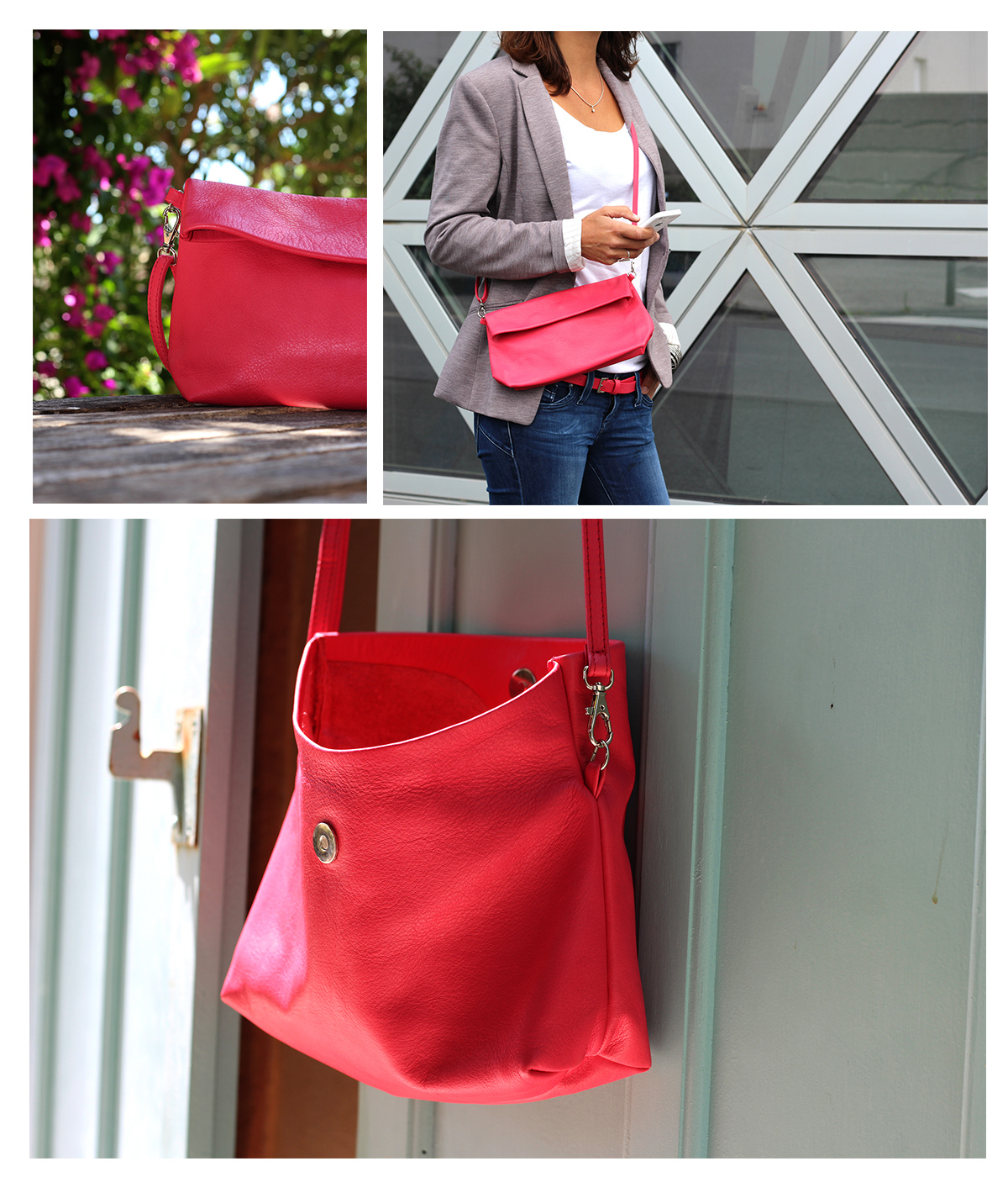 Pochette en cuir rose fushia